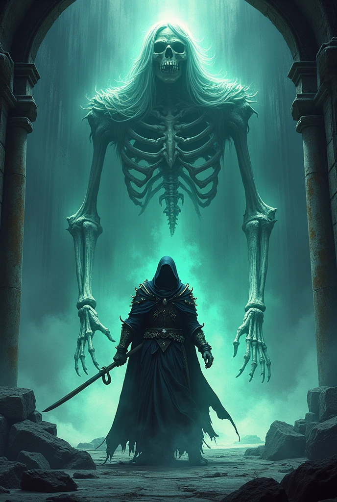 Osteon, esqueleto, cleric, witcher, necromancer, armor, mace weapon, shild, anime 90s