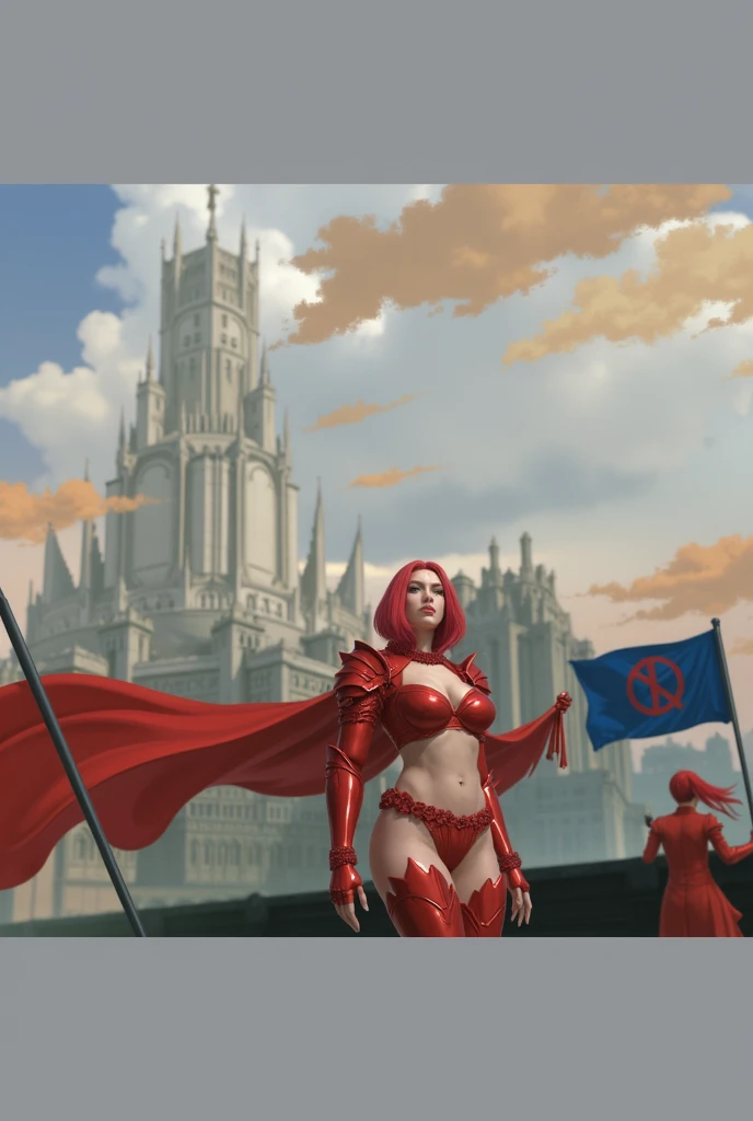 The invading red army、A woman in red and a man in red holding flags, Concept art inspired by Karl Kopinski, Deviantart Contest Winner, Fantasy art, Redhead queen in heavy red armor, Woman in red armor, red citadel, stylized urban Fantasy artwork, Epic fantasy sci-fi illustration, Giant Art, 'red citadel, Red Cape, high fantasy illustration