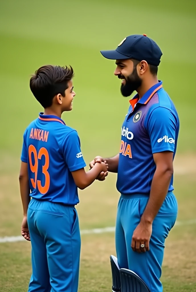 A teenage boy wearing indian cricket team jearsy name Ankan number 93 showing his back and hand  shake with  virat kholi original