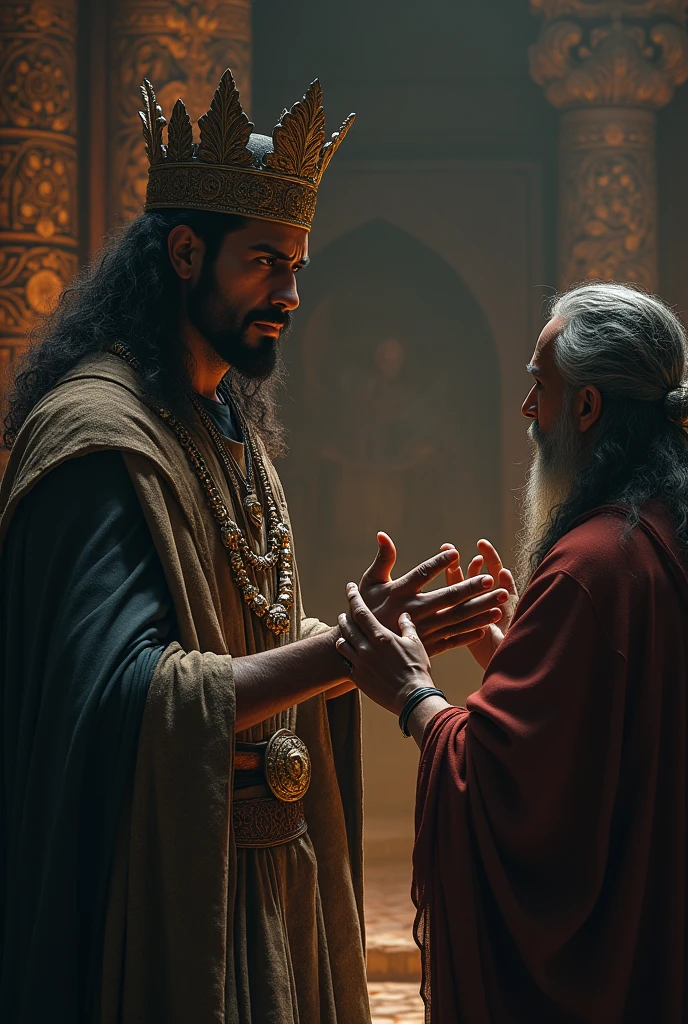 Kansa Hearing the Prophecy:
Kansa, a fierce and worried king, listening to the prophecy from a sage or oracle. The atmosphere is tense, with Kansa’s expression showing concern and anger.