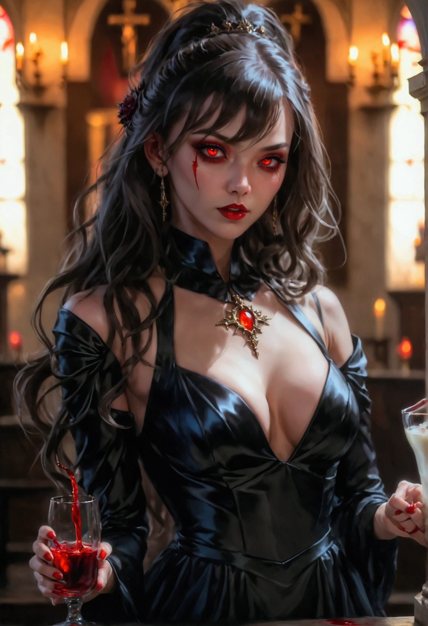 Arafed, dark fantasy art, glamour shot, award winning shot, photorealistic, a portrait of a female vampire drinking a ((glass of blood)), dynamic hair color, dynamic hair style , long hair, red lips, (glowing eyes: 1.5), dynamic eye color, dynamic color, she wears, an elegant (black dress: 1.5), catholic church and altar background, bar background, 16k, ultra detailed, masterpiece, best quality, (extremely detailed), rpg portrait, art by mooncryptowow, photograph