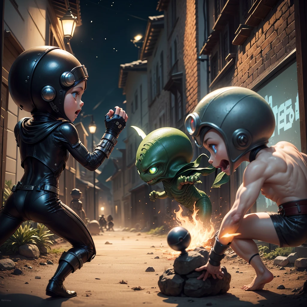 A battle betwen a small alien versus a dark spirits at night in the small village, and the alien wins the fight
