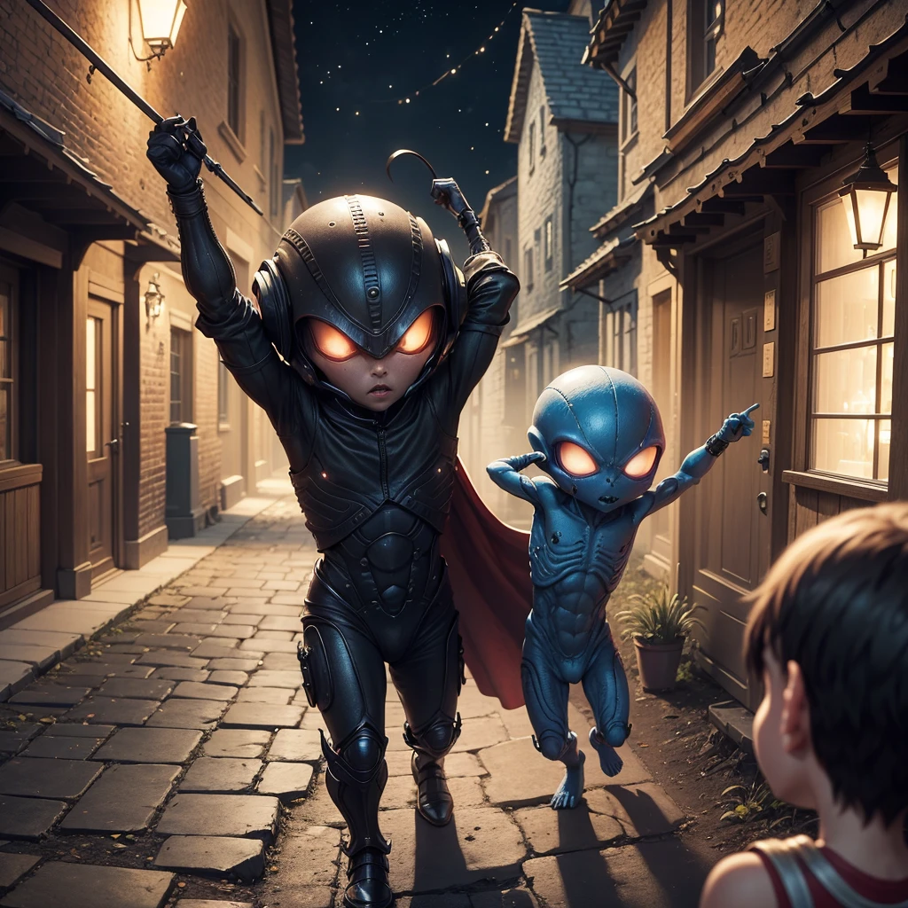 A battle betwen a small alien versus a dark spirits at night in the small village, and the alien wins the fight