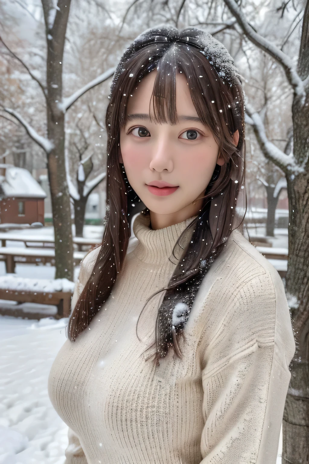 (masterpiece:1.35),(best-quality:1.4),8k,ultra-detailed,photography,(ultra-realistic:1.4), adult girl, long hair, sweater, snowing background, Large Breast, Slim Body, Cute face,
