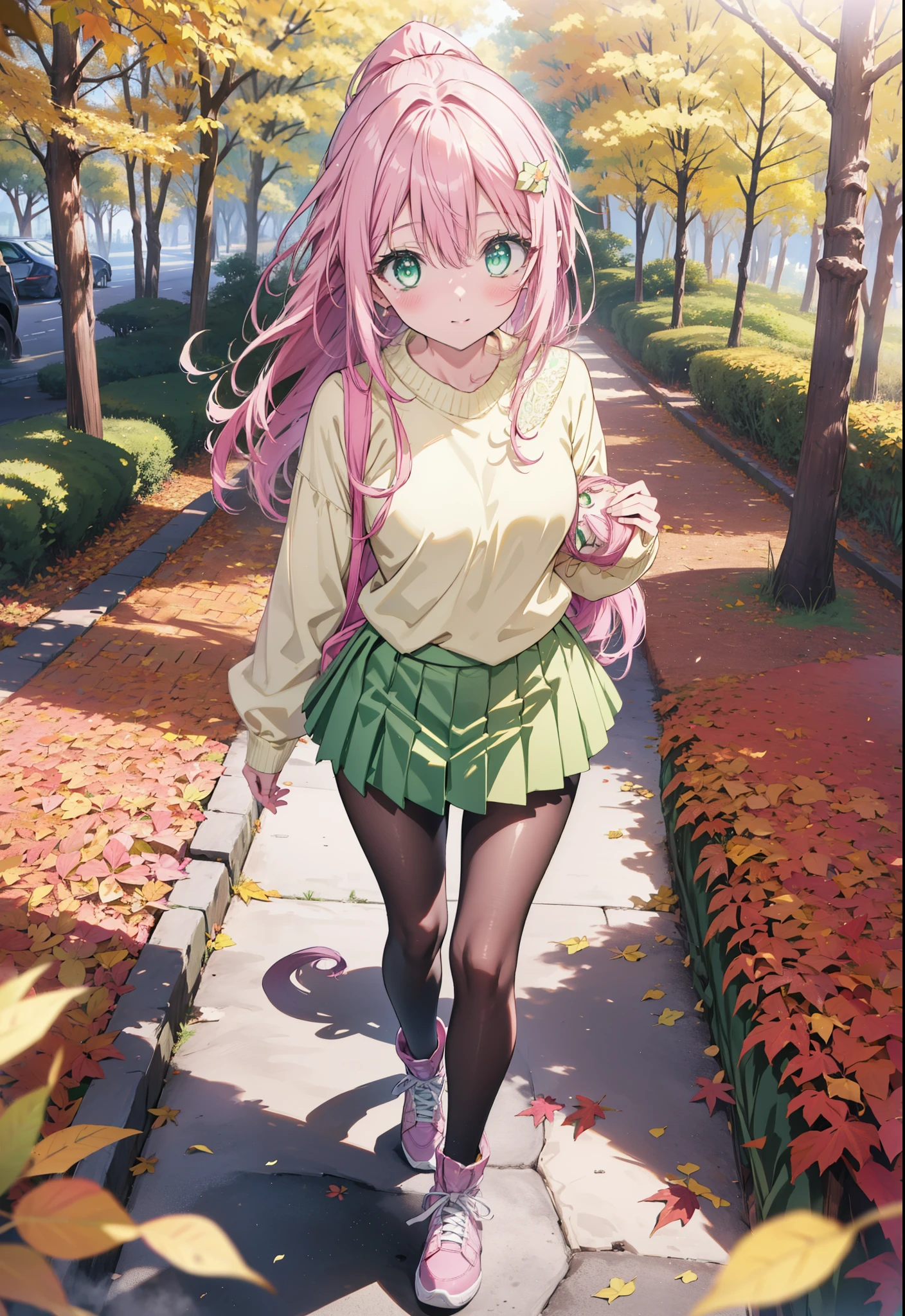 Laladevi Luke, Lara Deviluke, Long Hair, Pink Hair, tail, Ahoge, bangs, hair ornaments, (Green Eyes:1.5), smile,Open your mouth,ponytail,Open your mouth,blush,
break demon tail, One-shoulder sweater,mini skirt,Black pantyhose, short boots,Walking,autumn leaves,autumn leavesが散っている,autumn leavesが積もっている,Daytime,Clear skies,whole bodyがイラストに入るように,
break outdoors, forest,
break looking at viewer, whole body,
break (masterpiece:1.2), Highest quality, High resolution, unity 8k wallpaper, (figure:0.8), (beautiful detailed eyes:1.6), extremely detailed face, Perfect lighting, extremely detailed CG, (Perfect hands, Perfect ???????),