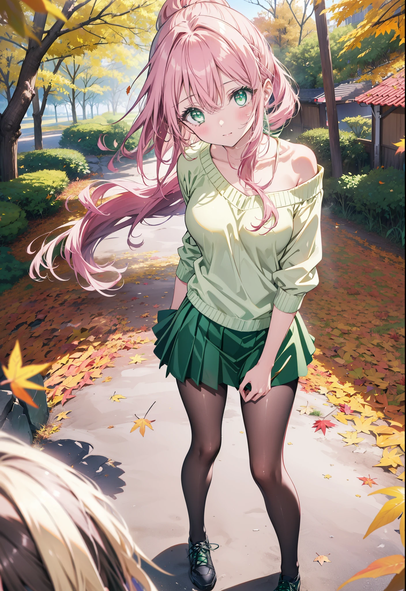 Laladevi Luke, Lara Deviluke, Long Hair, Pink Hair, tail, Ahoge, bangs, hair ornaments, (Green Eyes:1.5), smile,Open your mouth,ponytail,Open your mouth,blush,
break demon tail, One-shoulder sweater,mini skirt,Black pantyhose, short boots,Walking,autumn leaves,autumn leavesが散っている,autumn leavesが積もっている,Daytime,Clear skies,whole bodyがイラストに入るように,
break outdoors, forest,
break looking at viewer, whole body,
break (masterpiece:1.2), Highest quality, High resolution, unity 8k wallpaper, (figure:0.8), (beautiful detailed eyes:1.6), extremely detailed face, Perfect lighting, extremely detailed CG, (Perfect hands, Perfect Anatomy),