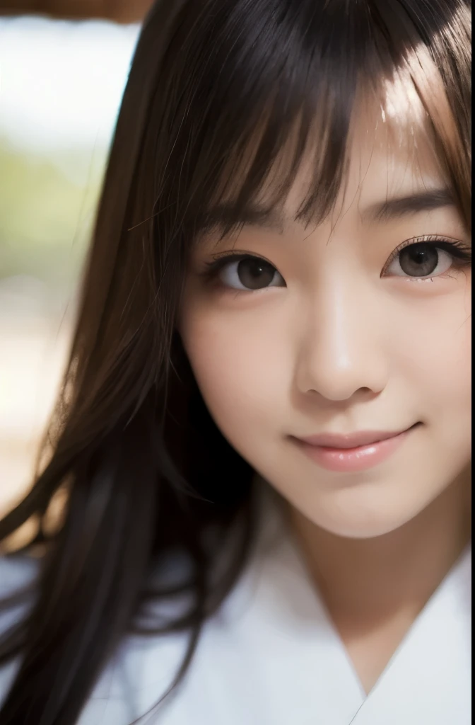 best quality, face focus, soft light, ultra high res, (photorealistic:1.4), RAW photo,(Shinozaki Ai), (fair skin), (kawaii),
1 Japanese girl, solo, cute, smile, (pupil, lights in the eyes),  detailed beautiful face, Medium-sized breasts,(high resolution detail of human skin texture),(long hair),(portrait), upper body, white traditional kimono, A face drawn large on the screen