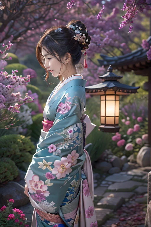 Under the enchanting moonlight, In a tranquil Japanese garden, A beautiful woman with her kimono half-removed、It reveals her graceful shoulders and back.。. Her modest yet captivating gaze is full of hidden secrets.. As she strolls gracefully down the garden path, she sometimes stops、smile briefly at the moon。. The soft light of traditional lanterns creates an enchanting atmosphere, Her loosely tied hair sways gently, Adds to her elegance and charm.