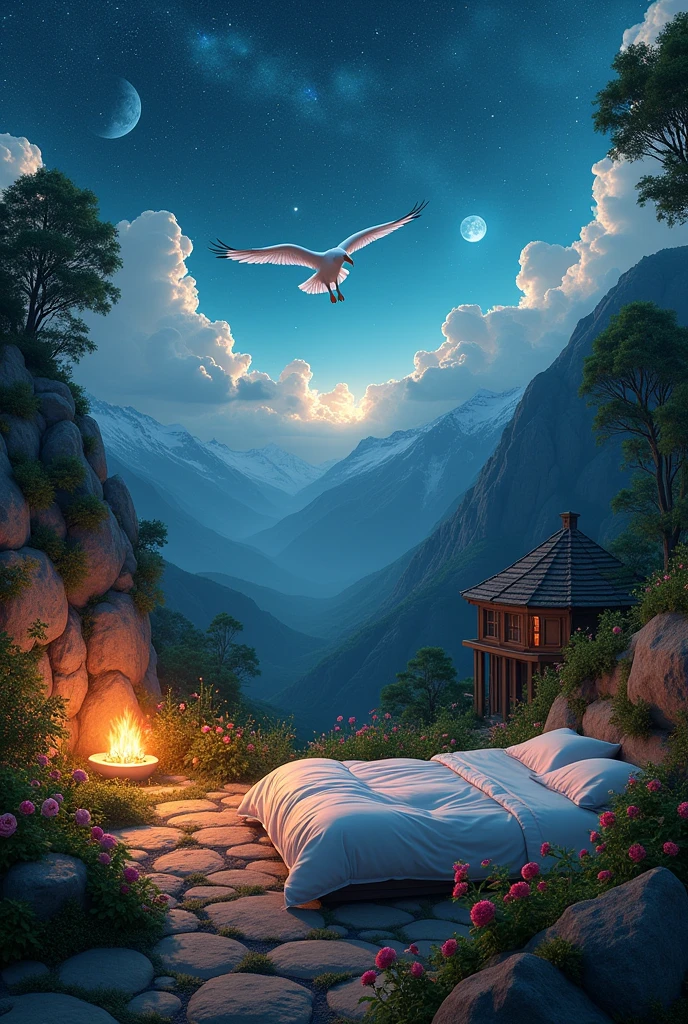 A mattress on a mountainside, a fireplace near the bed, a small hut, a strange white and large light bird in the sky far away, the nature is picturesque, vegetables pervade the place, beautiful roses at night, and the sky is decorated with stars and planets. Realistic image. Many details. Beautiful. High accuracy. Fact. Cinematic