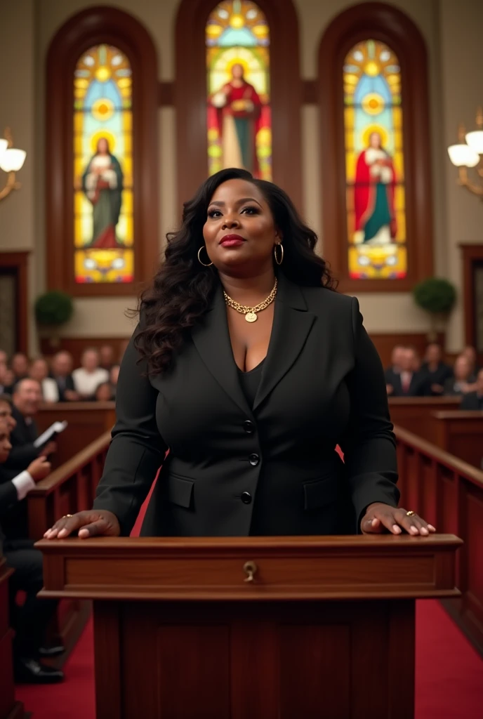 amazing beautiful super  body builder model milf,A confident and poised Black female politician with a commanding presence and a fuller body type, full body tall and plus size curvey body 5'9 265 lbs This mage should exude power,delivering a powerful speech inside a traditional gospel church. She stands at a wooden podium, dressed in an elegant black suit with a gold chain necklace. The church is warmly lit with stained glass windows depicting religious scenes. A choir, also in traditional gospel attire, is positioned behind her, singing passionately. The church is filled with an attentive congregation, and the atmosphere is vibrant and inspiring, combining historical architecture with a spiritual ambiance.