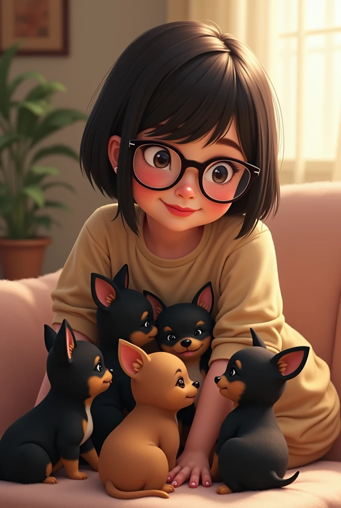 Chubby woman with short straight dark hair and glasses 7 black and brown chihuahua puppies