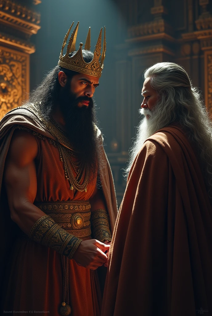 Kansa Hearing the Prophecy:
Kansa, a fierce and worried king, listening to the prophecy from a sage or oracle. The atmosphere is tense, with Kansa’s expression showing concern and anger.