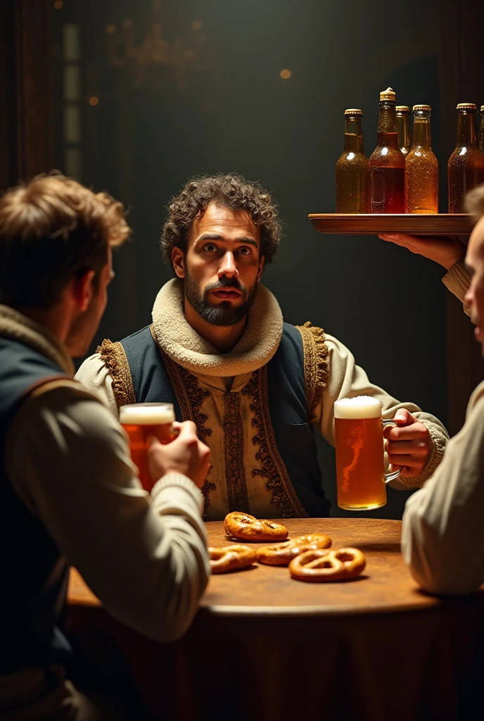 The image shows a scene in Renaissance or Baroque style., with four people sitting around a table.
**Specific Details:**
- **Characters:**
- On the left, a person holding a mug of beer.
- On the right, another person holding a glass of beer.
- The man in the center looks surprised as he looks at the others.
- On the top right, A character holds a tray with beer bottles.
- **food:**
- On the table there are bottles of beer and some snacks like pretzels.
- **Environment:** The scene is dramatically lit with candlelight., with a strong contrast between light and shadow.
---