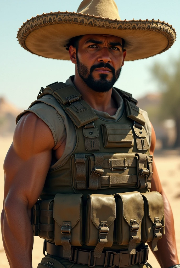 Create a realistic civilian man with tactical vest and Mexican hat Gordio