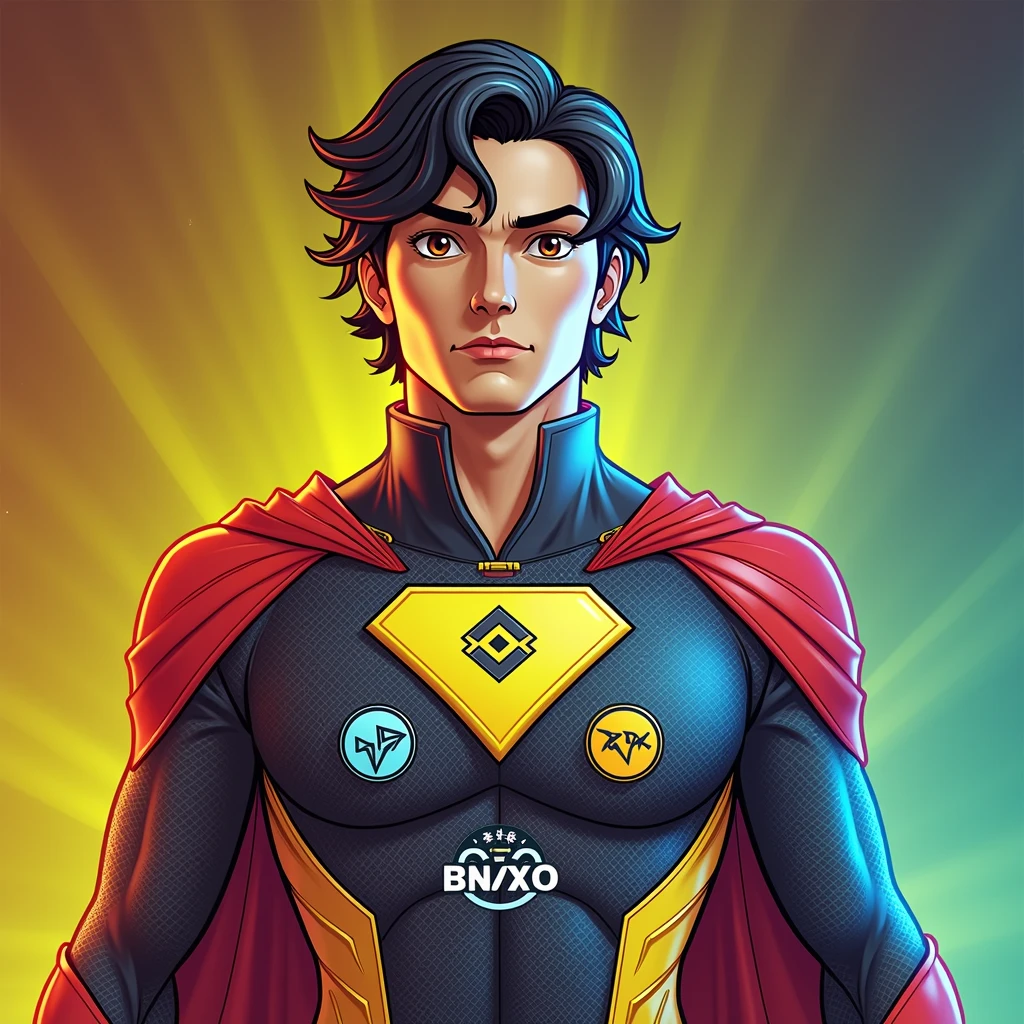 Create a superhero character standing confidently against a gradient background, with a color theme of red, yellow, and blue. The character should have short, wavy black hair and a serious, focused expression with large eyes. The superhero's costume should incorporate the red, yellow, and blue color scheme, with the Binance (BNB) logo in yellow, the Tron (TRX) logo in red, and the TON (The Open Network) logo in blue prominently displayed on the chest, each logo clearly visible and distinct. The suit should have sleek and modern design elements, with gold accents for added detail, blending the logos seamlessly into the overall superhero theme. The background should enhance the color theme with complementary gradient tones.