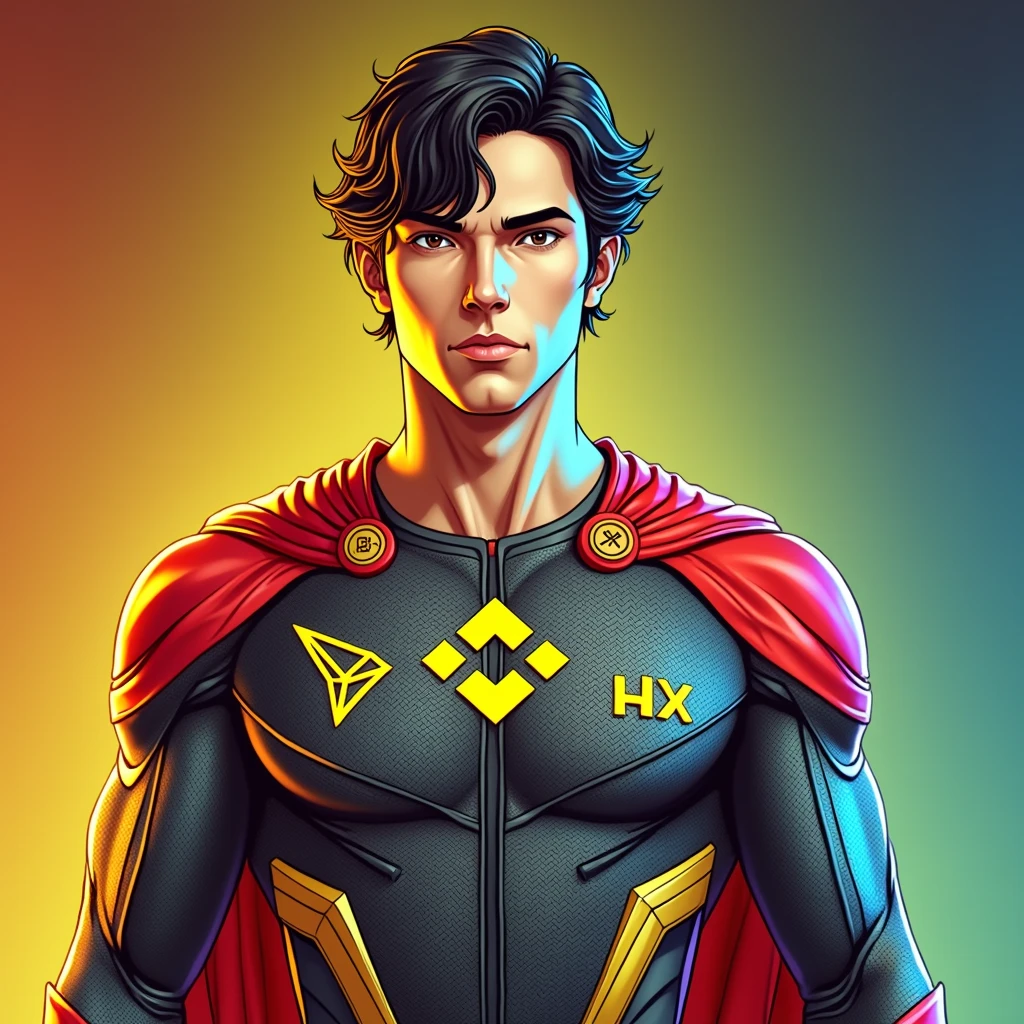 Create a superhero character standing confidently against a gradient background, with a color theme of red, yellow, and blue. The character should have short, wavy black hair and a serious, focused expression with large eyes. The superhero's costume should incorporate the red, yellow, and blue color scheme, with the Binance (BNB) logo in yellow, the Tron (TRX) logo in red, and the TON (The Open Network) logo in blue prominently displayed on the chest, each logo clearly visible and distinct. The suit should have sleek and modern design elements, with gold accents for added detail, blending the logos seamlessly into the overall superhero theme. The background should enhance the color theme with complementary gradient tones.