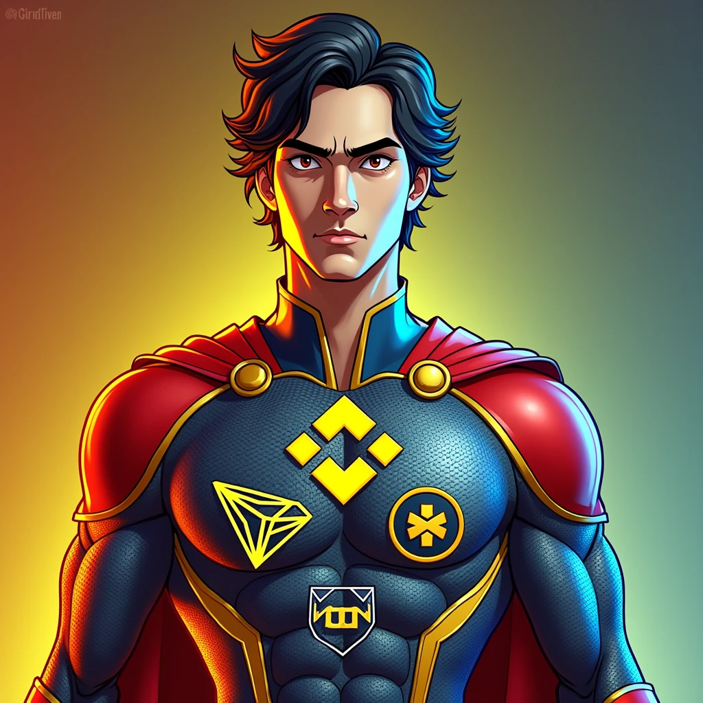 Create a superhero character standing confidently against a gradient background, with a color theme of red, yellow, and blue. The character should have short, wavy black hair and a serious, focused expression with large eyes. The superhero's costume should incorporate the red, yellow, and blue color scheme, with the Binance (BNB) logo in yellow, the Tron (TRX) logo in red, and the TON (The Open Network) logo in blue prominently displayed on the chest, each logo clearly visible and distinct. The suit should have sleek and modern design elements, with gold accents for added detail, blending the logos seamlessly into the overall superhero theme. The background should enhance the color theme with complementary gradient tones.