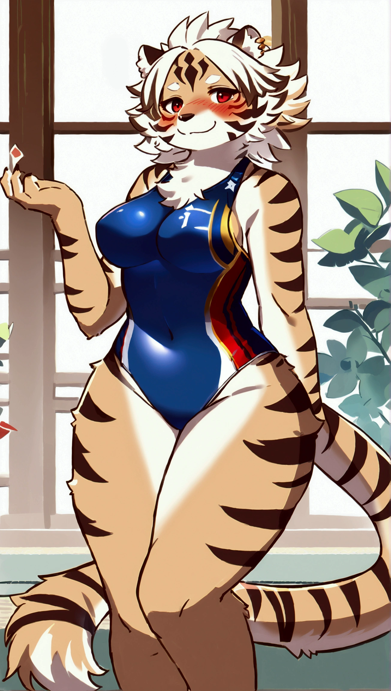 (top quality, best quality, High-quality illustrations, masterpiece, 16k, 1080p, uploaded on e621)(kemono, furry, anthro, alone), round, 1 female, hot mother figure, very detailed body face and eyes, light brown tiger, Durga, (Tokyo Afterschool Summoners), brown fur, fluff, average breasts, tail, perfect eyes, red eyes, hair, beautiful sport one-piece swimsuit, tiger jewelry, beautiful day in Kyoto, body movement, body twitching, body trembling, red blushing, shy smile