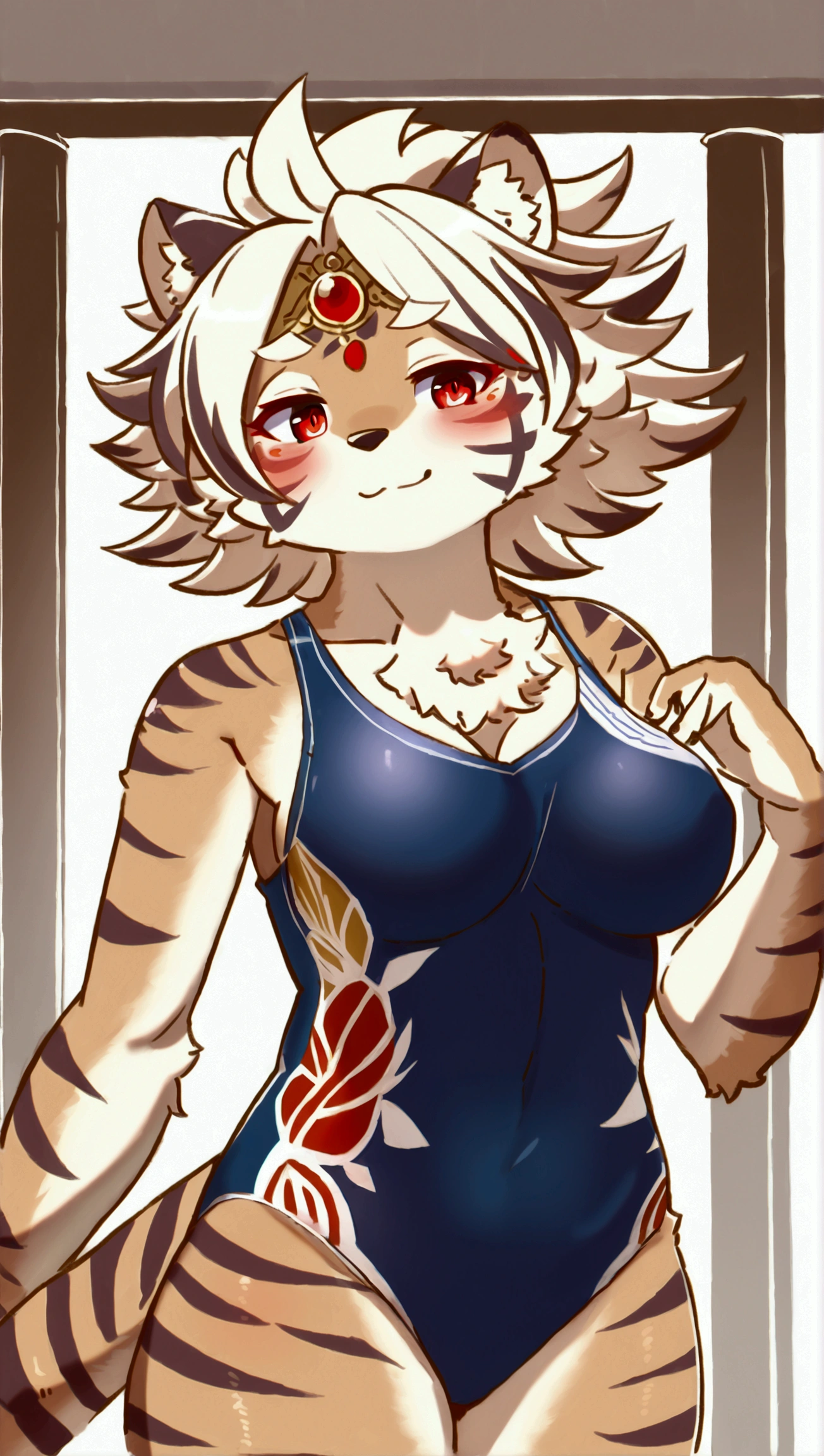 (top quality, best quality, High-quality illustrations, masterpiece, 16k, 1080p, uploaded on e621)(kemono, furry, anthro, alone), round, 1 female, hot mother figure, very detailed body face and eyes, light brown tiger, Durga, (Tokyo Afterschool Summoners), brown fur, fluff, average breasts, tail, perfect eyes, red eyes, hair, beautiful sport one-piece swimsuit, tiger jewelry, beautiful day in Kyoto, body movement, body twitching, body trembling, red blushing, shy smile