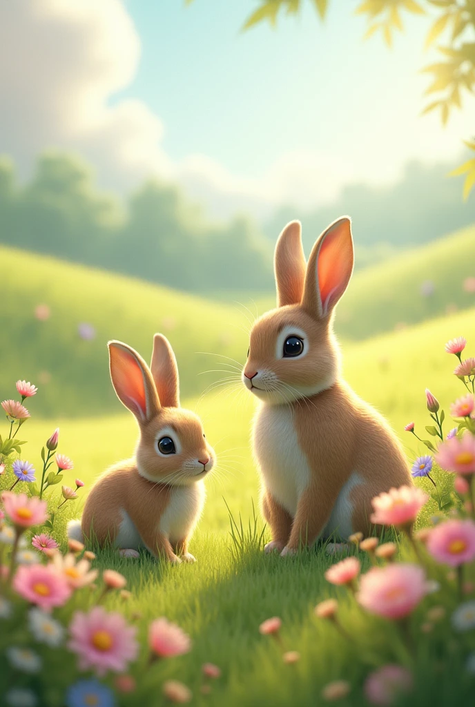 the female Rabbit is sniffing the flowers in the field and the male rabbit is standing beside her