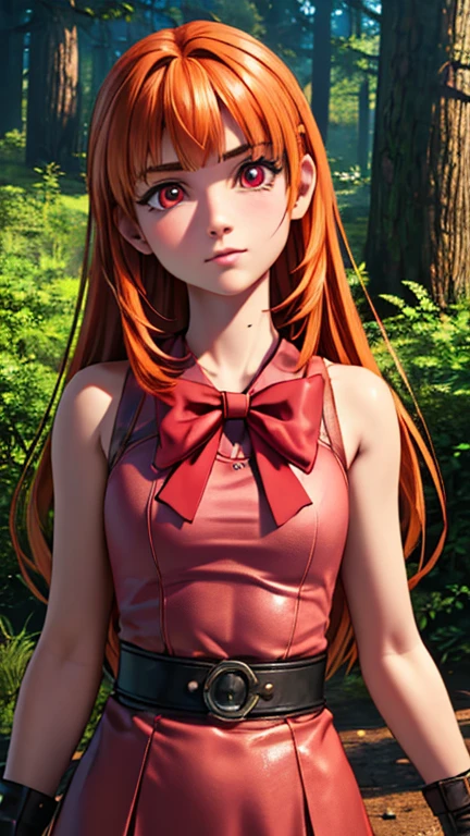 (Teens:1girl: blossom), (extremely detailed CG unit 8k wallpaper),(master part), (best quality), (ultra detail), (best illustration),(ff8bg), cowboy shot, (Sharp eyeliner, ombre, detailed eyes:1), forest, outdoor, ,break , (ff7r style), upper body, orange hair, long hair, blunt bangs, pink eyes, bow