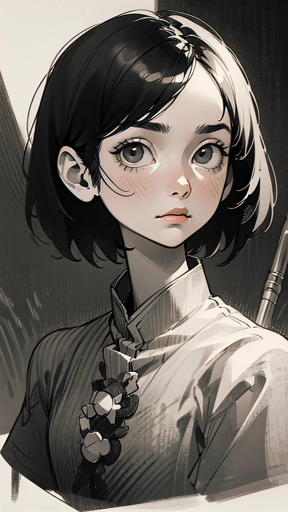 1 boyish asian girl, solo, sharp eyes, monochrome, greyscale, short black hair, portrait, T-shirt, closed mouth, looking at viewer, sketch, graphite \(medium\), detailed lips, hatching \(texture\), without makeup, bangs, upper body, (best illustration), (best quality), (very detailed), (masterpiece), expressionless,