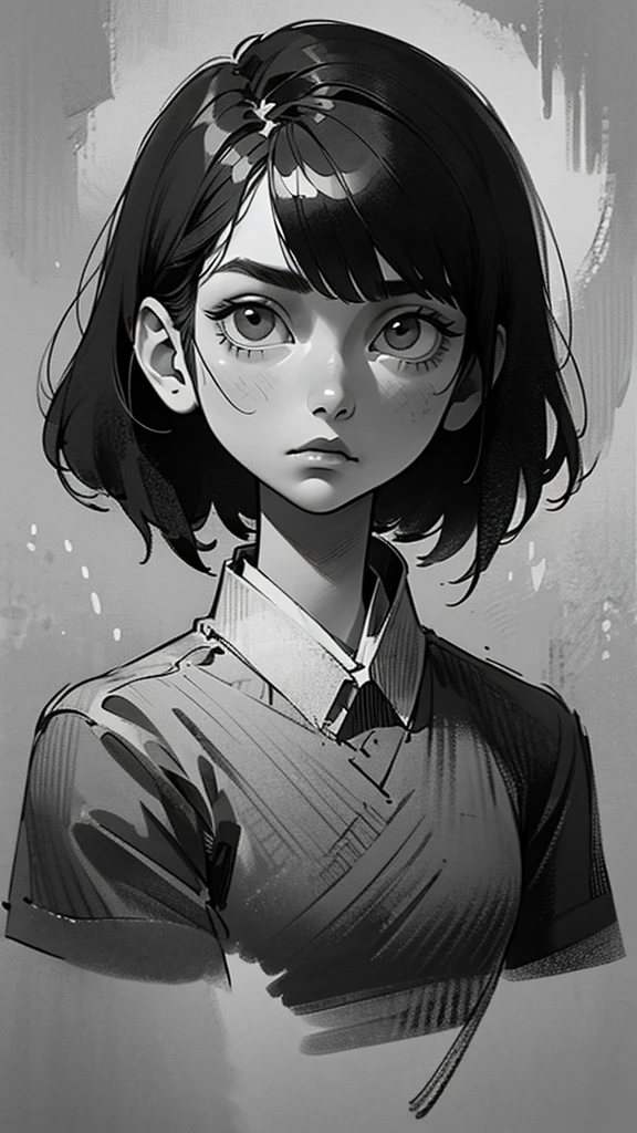 1 boyish asian girl, solo, sharp eyes, monochrome, greyscale, short black hair, portrait, T-shirt, closed mouth, looking at viewer, sketch, graphite \(medium\), detailed lips, hatching \(texture\), without makeup, bangs, upper body, (best illustration), (best quality), (very detailed), (masterpiece), expressionless,