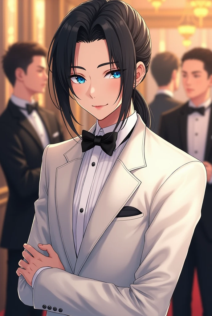 Anime boy Man long black hair with low ponytail and long bangs on his forehead dark blue eyes wearing white elegant suit at an anniversary party 