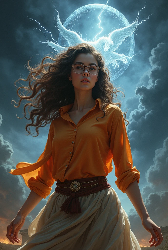 Daughter of Zeus demigoddess brunette curly hair wearing glasses orange shirt symbol of Pegasus black rain and lightning thunder