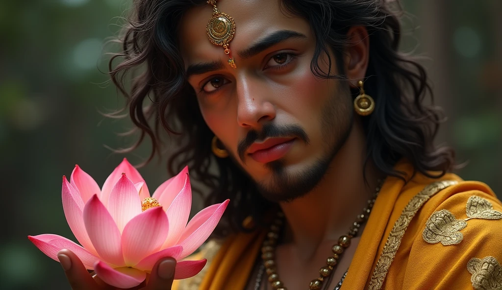 Vishnu Holding a Lotus: A focused image of Vishnu holding a lotus flower in one hand, with his serene face and part of his golden robe visible