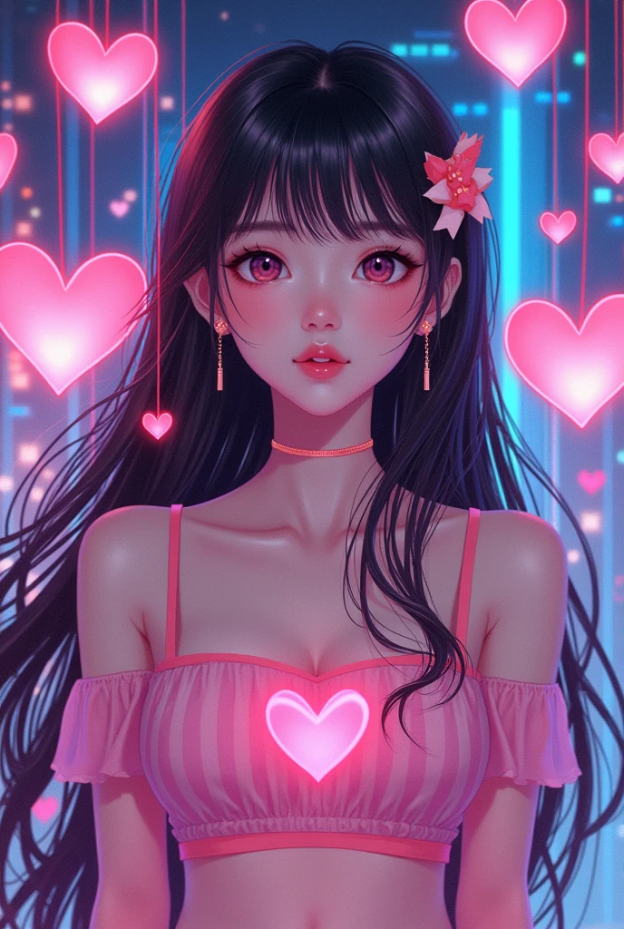 Has a Y2K vibe、K-POP girl with long hair and bangs。Surrounded by hearts and electronics、She's wearing a cute heart-patterned top.。