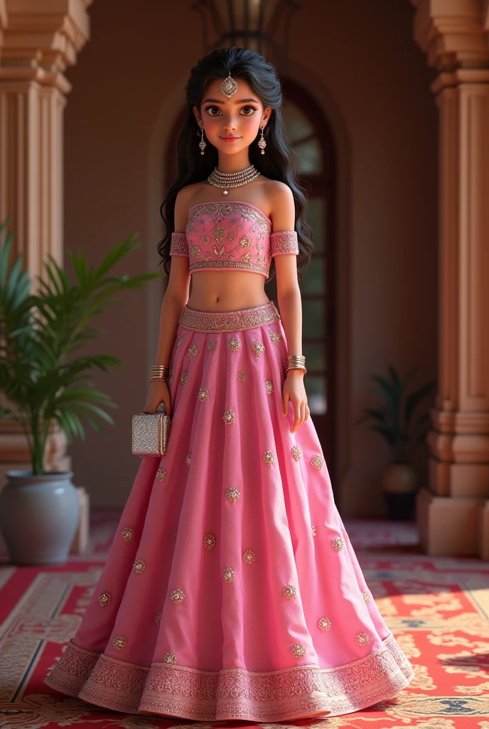 A girl  wearing pink lehenga with silver purse and silver maang tika

