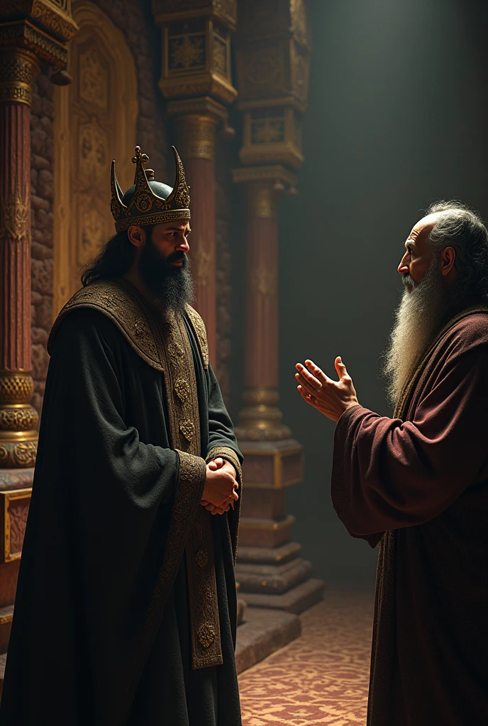 Kansa Hearing the Prophecy:
Kansa, a fierce and worried king, listening to the prophecy from a sage or oracle. The atmosphere is tense, with Kansa’s expression showing concern and anger.