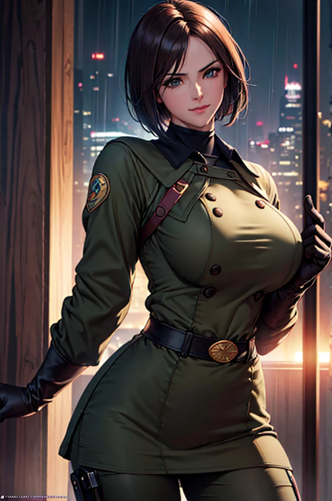 (at night), in a video game scene in the background, a beautiful city at night, raining, alone, standing looking straight ahead, military clothing with military green skirt and pants, black gloves, semi-short hair, ((semi-short hair)), 1 girl, 30 years old, young woman, perfect hands, Beautiful fingers, Beautiful long legs, Beautiful body, Beautiful nose, Beautiful character design, perfect face, looking straight at the viewer with a serious gesture, very upset looking at the viewer, she has a black whip in her hand (focusing on her face), closed mouth, smile_light, official art, extremely detailed CG unity 8k wallpaper, perfect lighting, bright and colorful front lighting, skin glossy (masterpiece: 1.0), (best_quality: 1.0), ultra high resolution, 4k, ultra detailed photography, 8K, hdr, high resolution, nonsense:1.2, Kodak portrait 400, film grain, blurred background, bokeh:1.2 , Lens flare, (vibrant_color:1.2), professional photography, (Beautiful, breasts: 1.4), (Beautiful_face: 1.5), (narrow waist),
