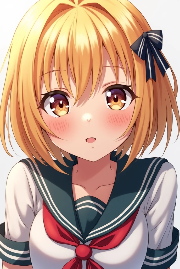 Masterpiece, Anime, A girl, One, Blushing Hard, Pouting cutely, Looking she's trying to get someone attention, sixteen years old, japanese school uniform, gal type, blonde hair, gyaru type, hot and attractive