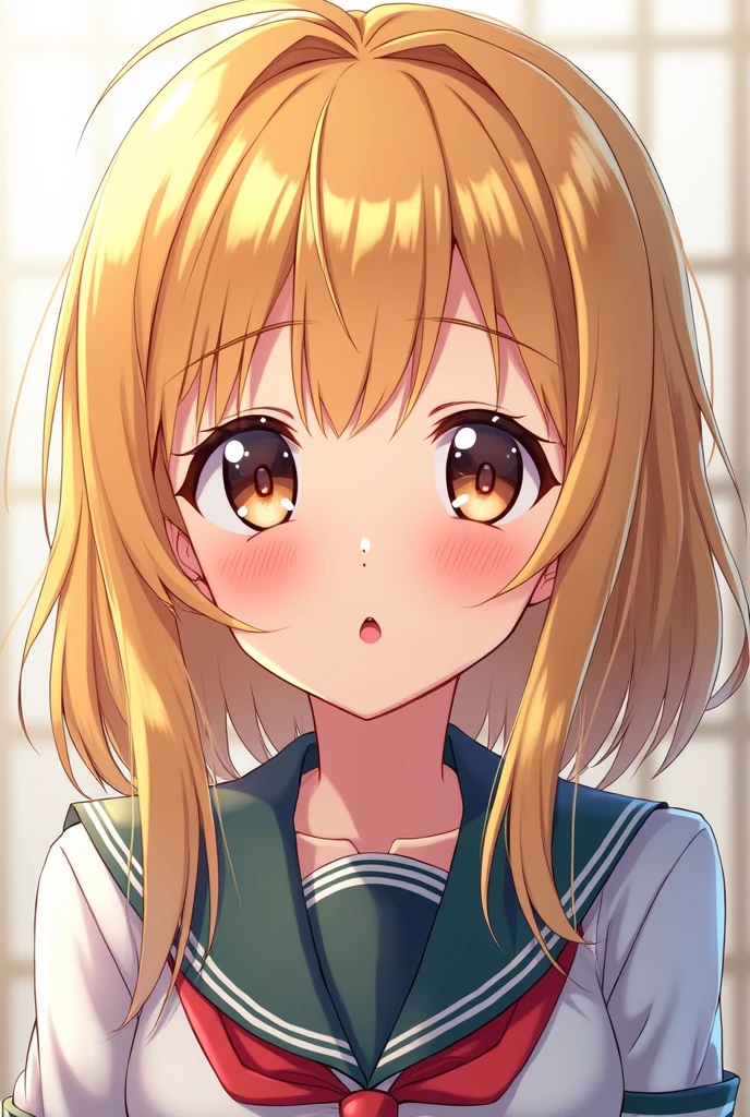 Masterpiece, Anime, A girl, One, Blushing Hard, Pouting cutely, Looking she's trying to get someone attention, sixteen years old, japanese school uniform, gal type, blonde hair, gyaru type, hot and attractive