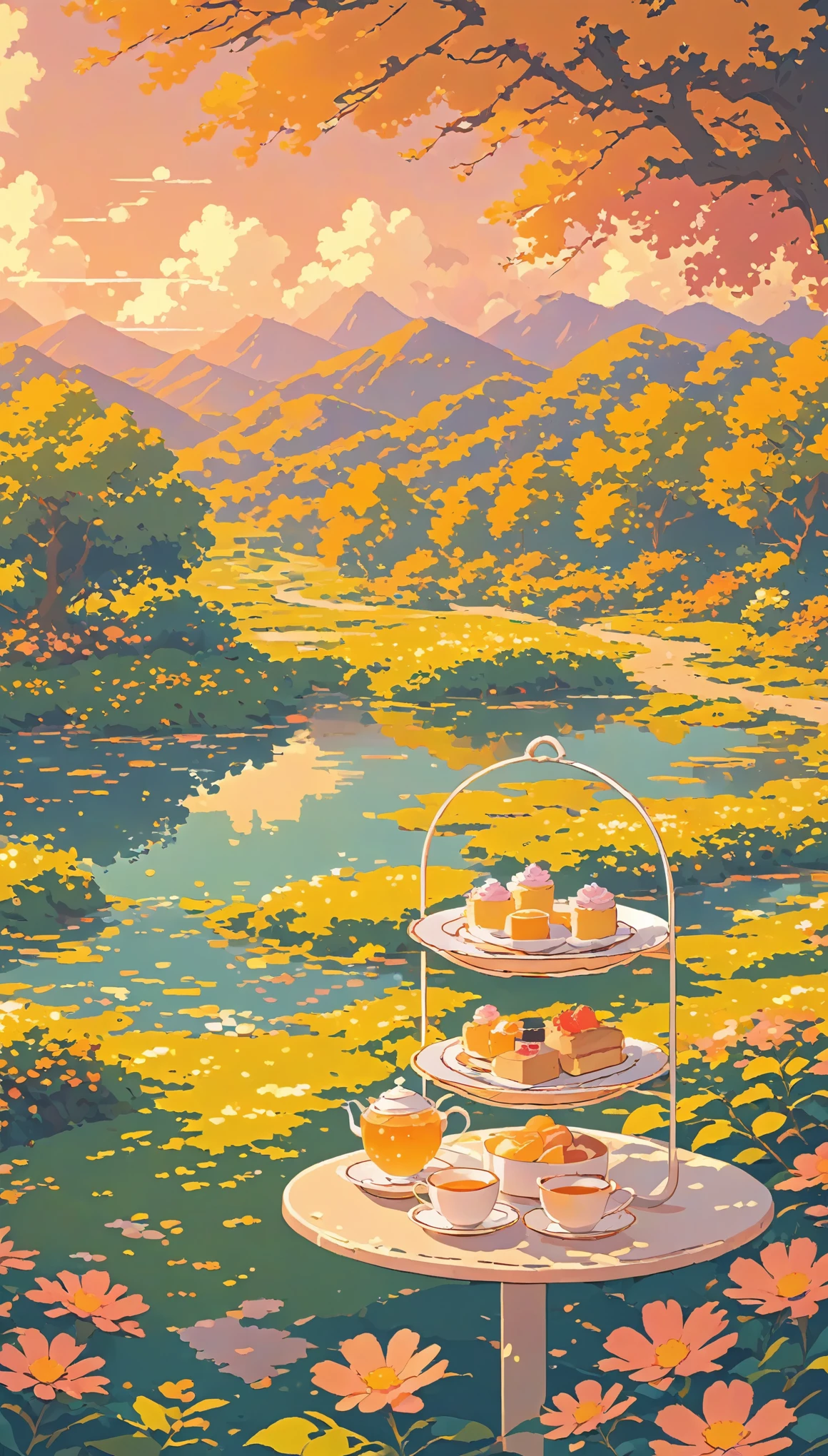 nature ultrawide landscape lofi pixel, No people ,Cozy,Orange Pink,Afternoon Tea