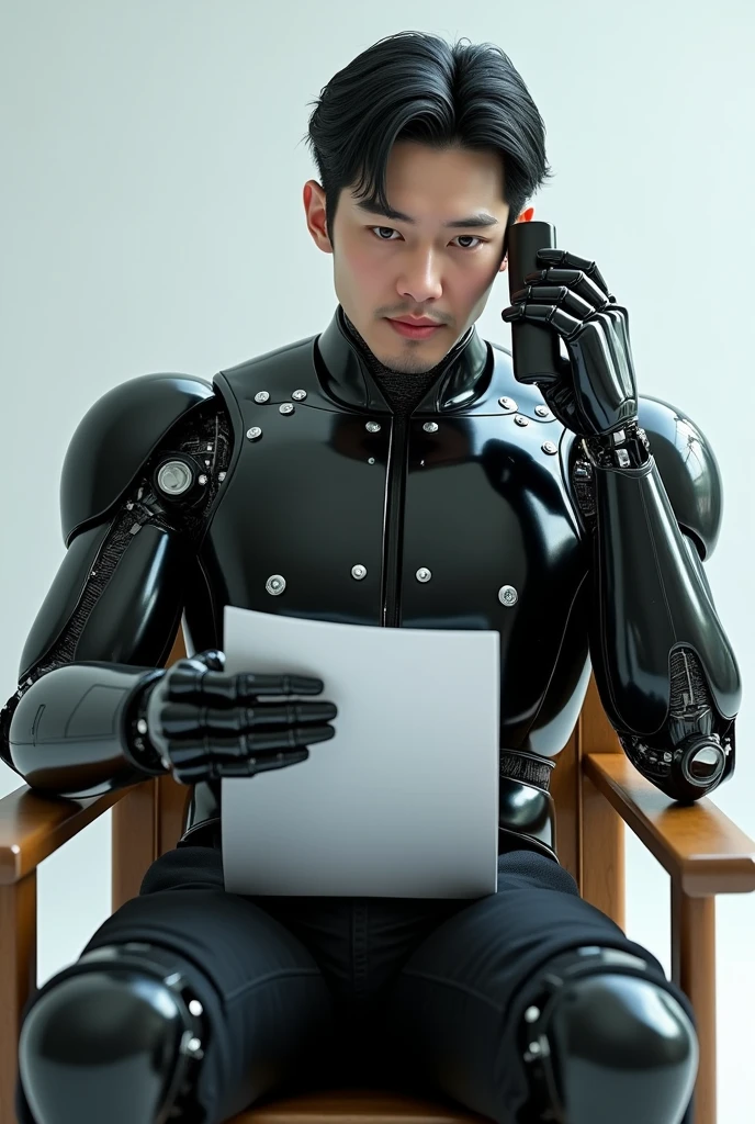 {{一位“male”導演單手上拿著劇本做在椅子上臉看著鏡頭，best quality, 1080P, masterpiece, Ultra-high resolution, Reality, 超Reality主义, Realistic skin texture, Ultimate skin detail, Digital SLR Camera, Handsome eyes, Facing the camera, very handsome face, Simple facial structure, Pale skin, Realistic skin texture, Ultimate skin detail, oc render reflection texture, clean background，Realistic light and shadow, Single image, solitary, black hair, fit、balance., 40 years old, Height 175cm, male, 拥有机械身体的male手上拿著手機靠在耳旁使用著高科技手機通訊., Transparent futuristic black glass mech suit, The mechanical cervix is attached to the neck., Circuit stuck in the middle of the back., Perfect robotic arm,front，，正身 Half-length photo, Half-length photo.}}
