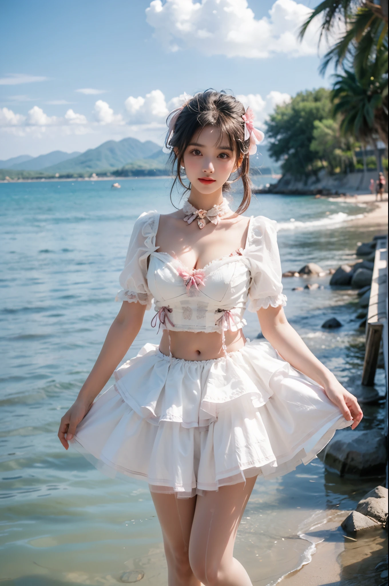 1 Girl, whole body, Elegantly, Her plump breasts are on display.，Visible cleavage，Sexy long legs，Exquisite makeup，Blush，Shy expression，Her skin is flawless，She gently lifted her skirt with one hand，Make gentle and playful gestures, The skirt is short, seaside, Walking in shallow water，wave拍打在她的身上, whole body湿透 沙滩, wave, Blue sky and white clouds, close up，Focus on the role，Ultra HD，best quality，Sony Master Lens，The color is pastel，Warm colors，Emphasis on natural beauty and elegance，Cute girl，High Detail，best quality，rich and colorful, Vibrant colors，Saturation