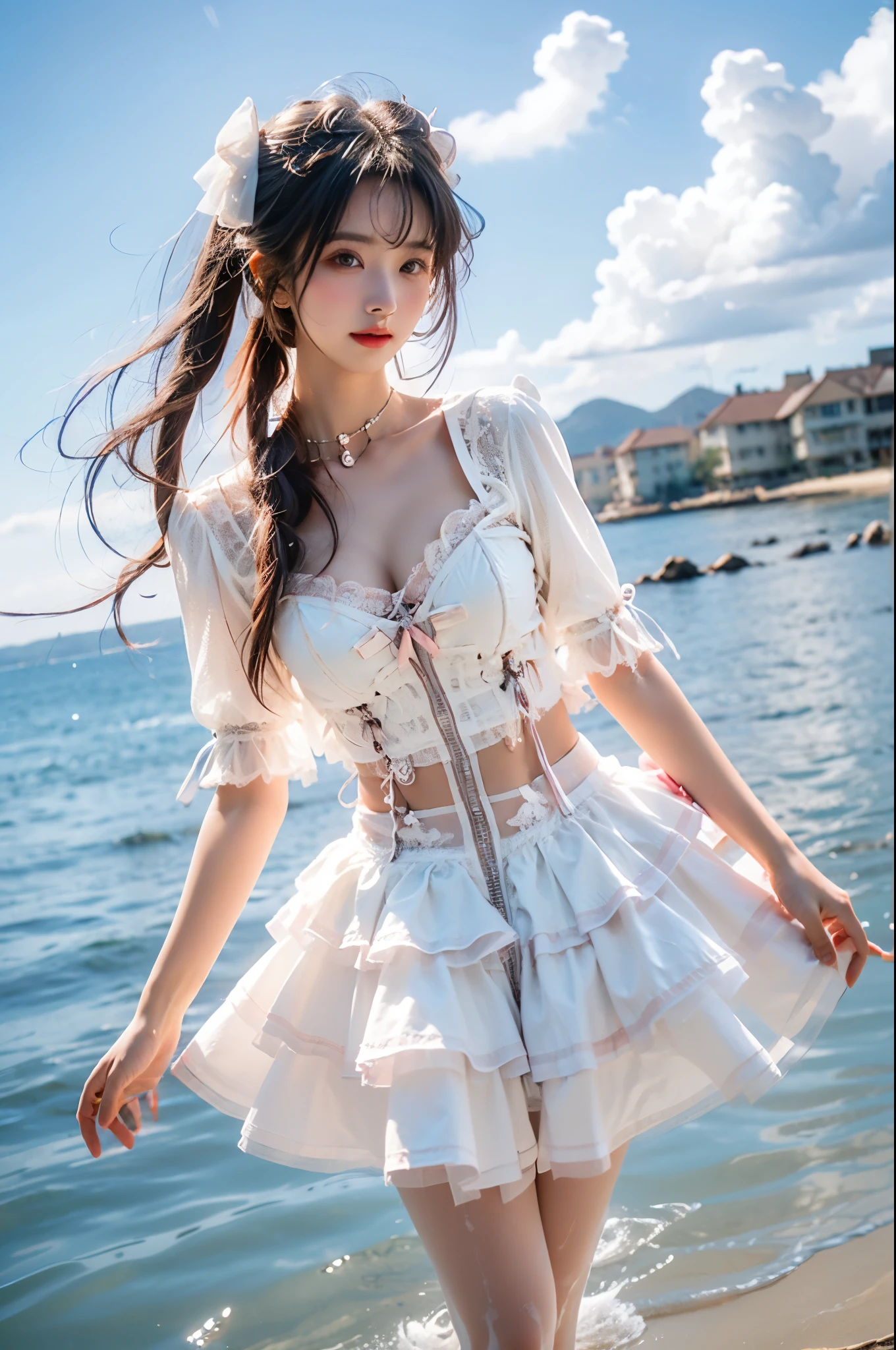 1 Girl, whole body, Elegantly, Her plump breasts are on display.,Visible cleavage,Sexy long legs,Exquisite makeup,Blush,Shy expression,Her skin is flawless,She gently lifted her skirt with one hand,Make gentle and playful gestures, The skirt is short, seaside, Walking in shallow water,wave拍打在她的身上, whole body湿透 沙滩, wave, Blue sky and white clouds, close up,Focus on the role,Ultra HD,best quality,Sony Master Lens,The color is pastel,Warm colors,Emphasis on natural beauty and elegance,Cute girl,High Detail,best quality,rich and colorful, Vibrant colors,Saturation
