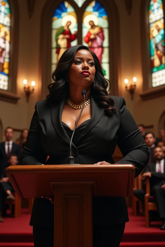 amazing beautiful super muscular body builder model milf,A confident and poised Black female politician with a commanding presence and a fuller body type, full body tall and plus size curvey body 5'9 265 lbs This mage should exude power,delivering a powerful speech inside a traditional gospel church. She stands at a wooden podium, dressed in an elegant black suit with a gold chain necklace. The church is warmly lit with stained glass windows depicting religious scenes. A choir, also in traditional gospel attire, is positioned behind her, singing passionately. The church is filled with an attentive congregation, and the atmosphere is vibrant and inspiring, combining historical architecture with a spiritual ambiance.