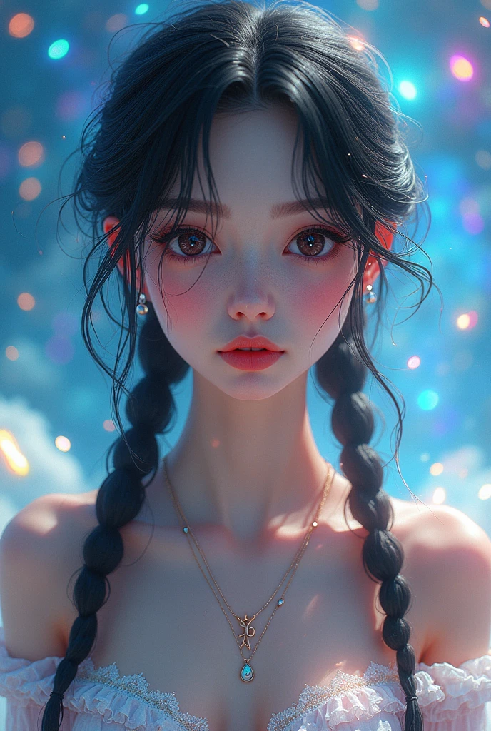 {Colors of the Sky, praise, Shining Aura, cute, Braided black hair, 大きくbeautifulリアルな目, alone, (((Perfect white skin tone, A perfect flawless face))), Very detailed, Holographic glowing motif, Geometric, Perfect composition , beautiful, Perfect Eyes,  Fuller lips, 96k, Highest quality, Full Shot ))) (masterpiece, Highest quality, Highest quality, Official Art, beautiful and aesthetic:1.2), (One person:1.3), Very detailed,(Fractal Art:1.1),(colorful:1.1),Most detailed,(Tangled:1.2), (Dynamic pose), (Abstract background:1.5), (Gradient Dress:1.2), (Glowing Skin), (Many colors:1.4), ,(Earrings:1.4),
