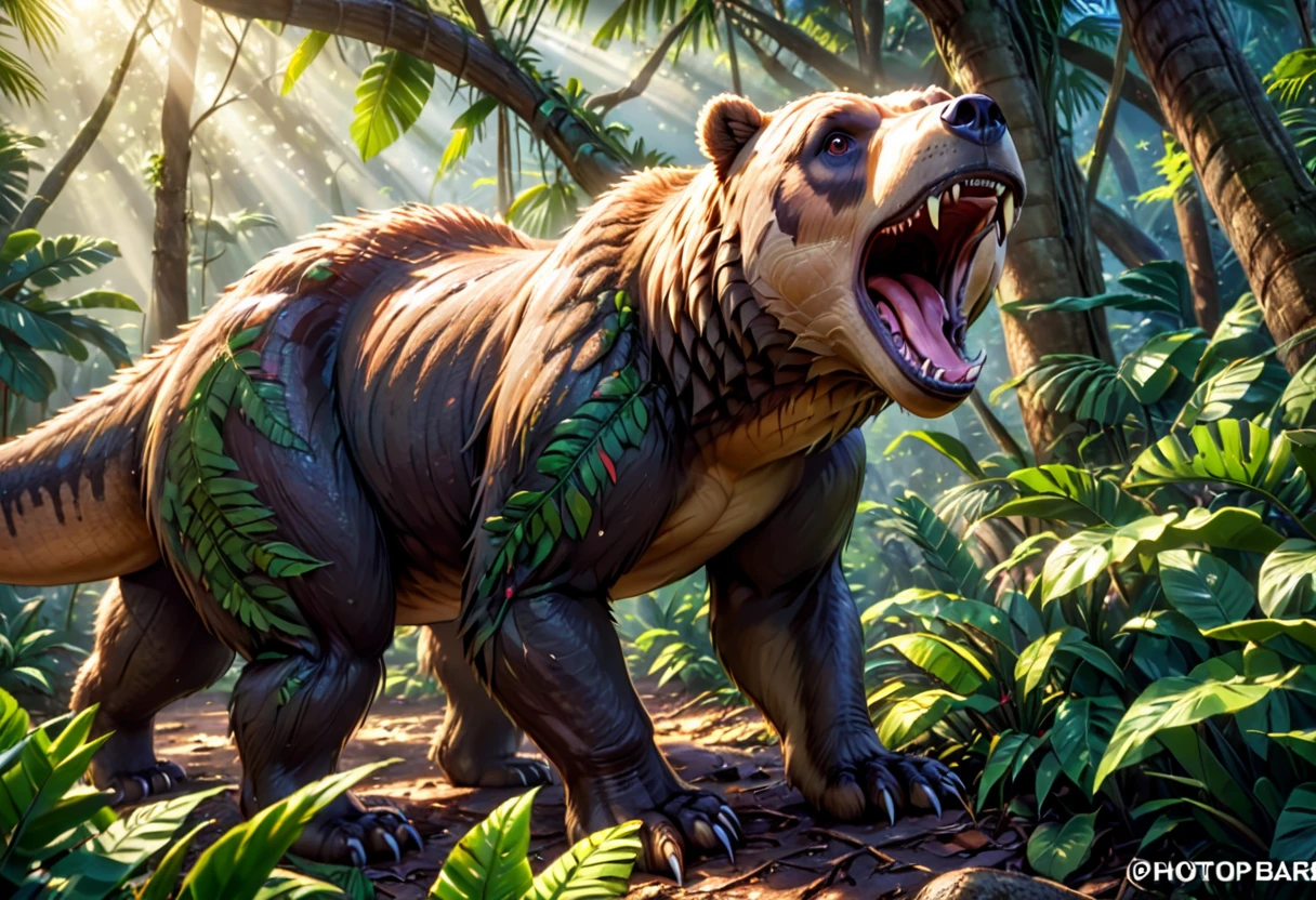 a huge brown bear, hunting and eating dinosaurs, primordial jungle, (best quality,4k,8k,highres,masterpiece:1.2),ultra-detailed,(realistic,photorealistic,photo-realistic:1.37),HDR,UHD,studio lighting,ultra-fine painting,sharp focus,physically-based rendering,extreme detail description,professional,vivid colors,bokeh,detailed bear ???????,detailed dinosaur ???????,lush tropical foliage,ancient trees,dense undergrowth,dramatic lighting,warm color palette,dynamic motion blur