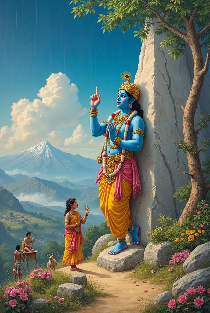 Shri Krishna lifting the huge Govardhan mountain with one finger and beautiful view all around, Gokul Vashi and beautiful flower garden, cows and beautiful flowers on top of Govardhan mountain too.