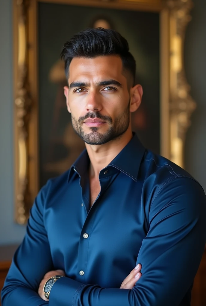sharp-haired man in a blue shirt in front of a painting, Rafael Lecoste, a handsome man,black short hair, handsome man, taken at the beginning of 2020, artem, with a beard and a black shirt, por David Rubin, by Alexander Fedosav, mohamed reda, handsome man, profile pic, handsome man