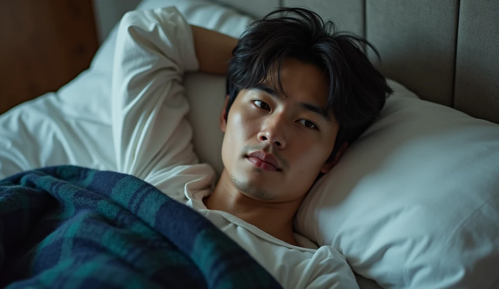 a handsome tanned japanese man around 2, wearing light blue pajamas, seen laying down on his cozy bed with white sheet and dark blue plaid blanket, photo taken from above, and his hand underneath his head, his face looks like he is daydreaming, particles and nice lighting, UHD, HDR, 8k, Masterpiece