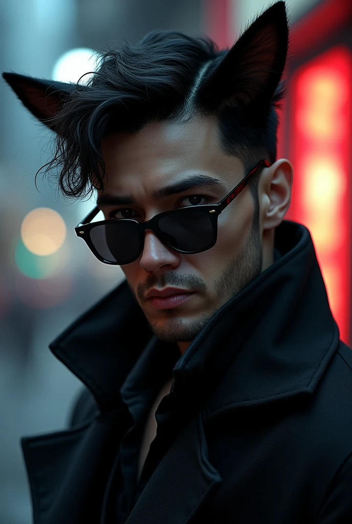 Dark haired man with cat ears and sunglasses 