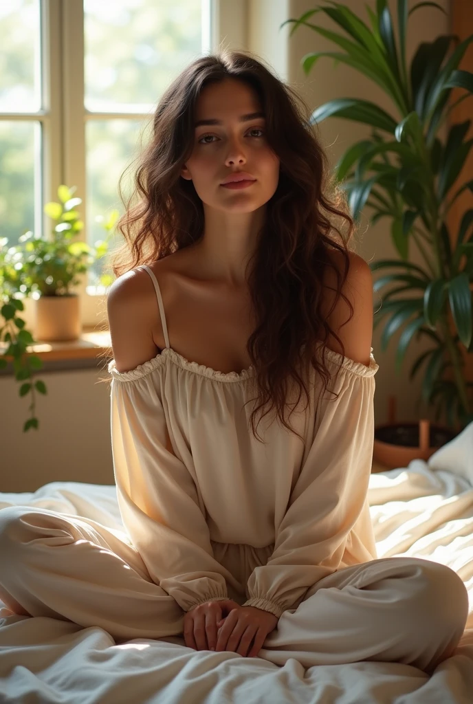 (photorealism:1.2), beautiful woman, sitting on bed, wearing loose off-shoulder top, pajama pants, long curly hair, indoors, soft lighting, plants in background, window with sunlight, cozy room, relaxed pose, realistic, intricate details, warm colors, by Greg Rutkowski, by Alphonse Mucha