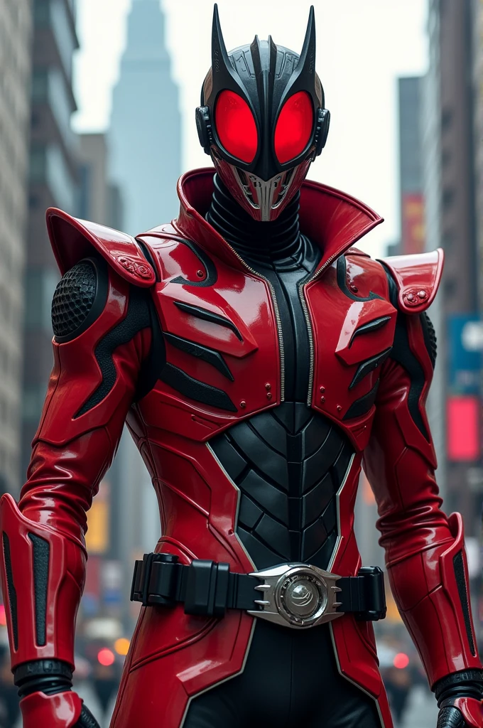 Kamen Rider with cyclops glasses, Red jacket with armor and the helmet is closed