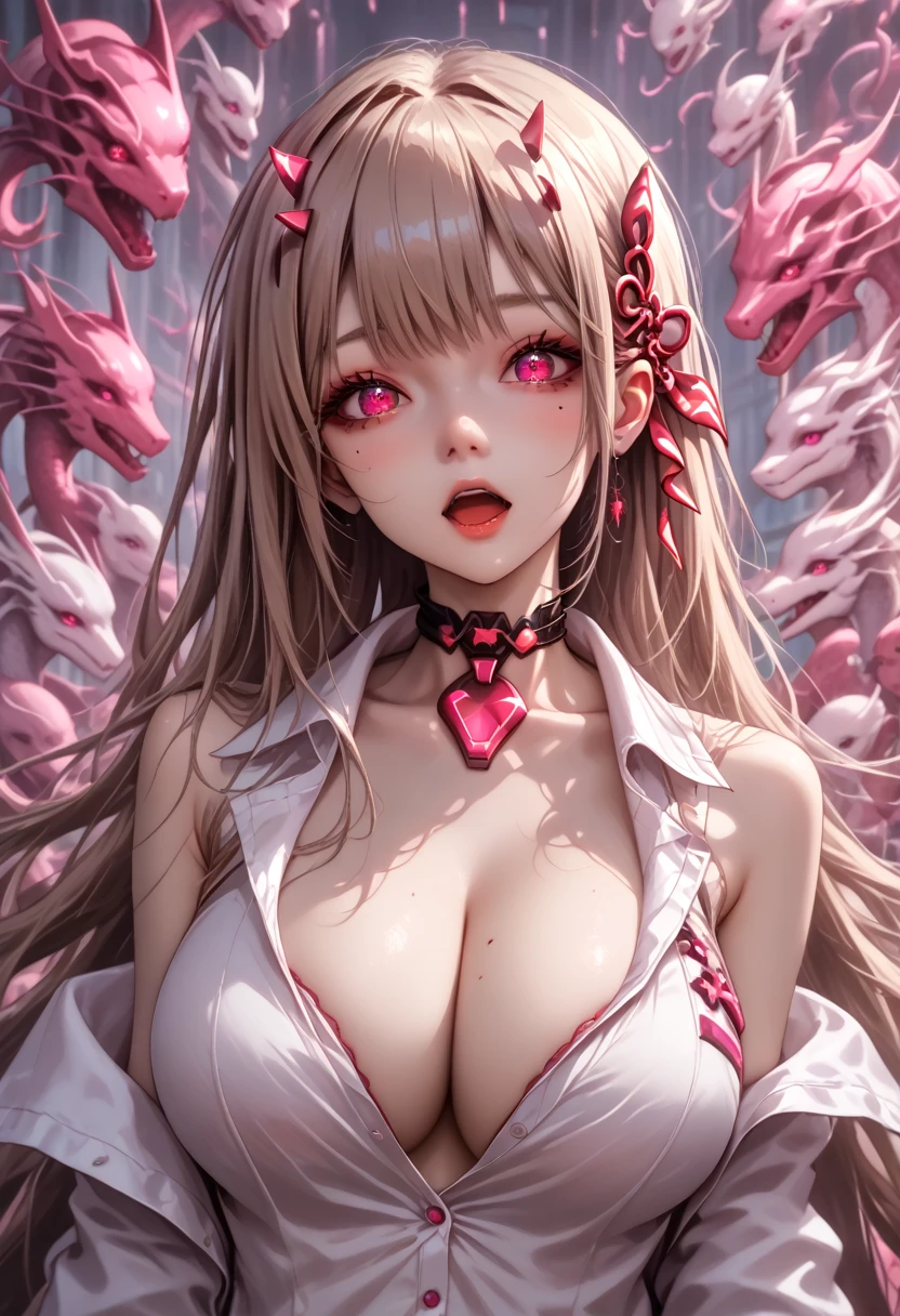 viper (nikke), highres, 1girl, large breasts, looking at viewer, long hair, absurdres, red eyes, light brown hair, open mouth, cleavage, mole under eye, viper (shine of love) (nikke), bare shoulders, official alternate costume, pink eyes, white shirt,score_9, score_8_up,score_7_up, masterpiece, best quality, perfect anatomy, very aesthetic, 8k,